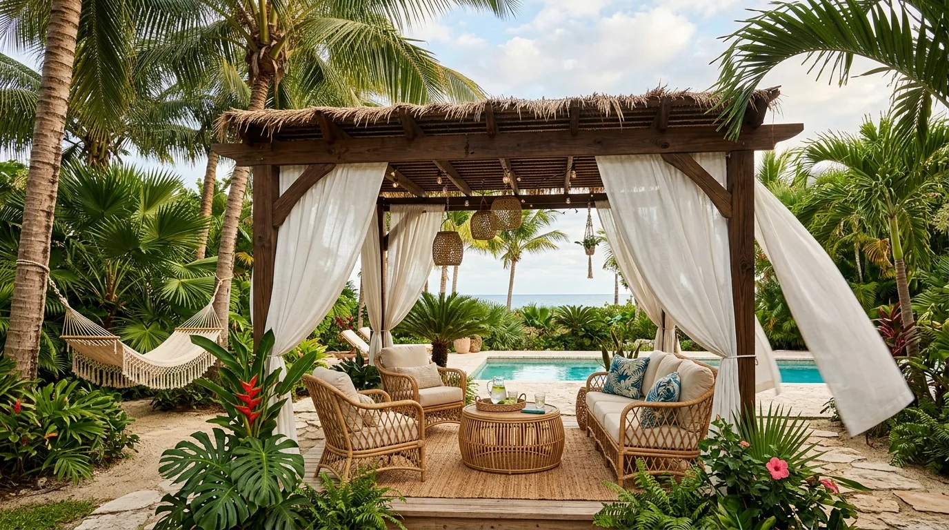 Keep styling durable but still inviting inspiration for a backyard pergola space.